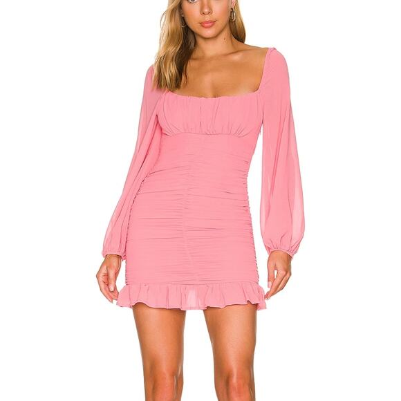 Revolve Pink Ruched Chiffon Mini Dress XS Pastel Milkmaid More to Come $78 NEW - Picture 1 of 8